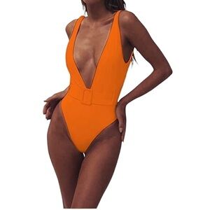 Avanova Orange Deep V Neck Belted Swimsuit